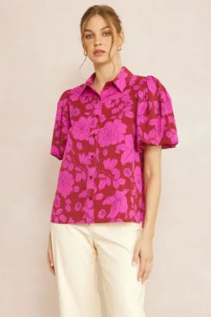 Brick   Magenta Floral Puff Sleeve Button Up