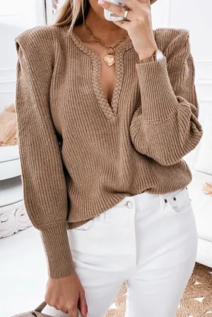 Brown Braided Notched V Neck Puff Sleeve Knitted Sweater