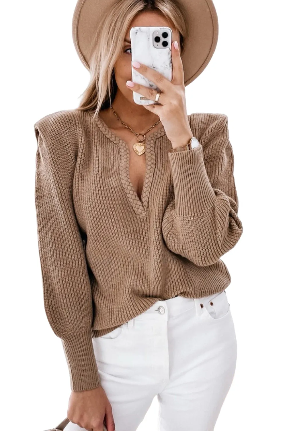 Brown Braided Notched V Neck Puff Sleeve Knitted Sweater