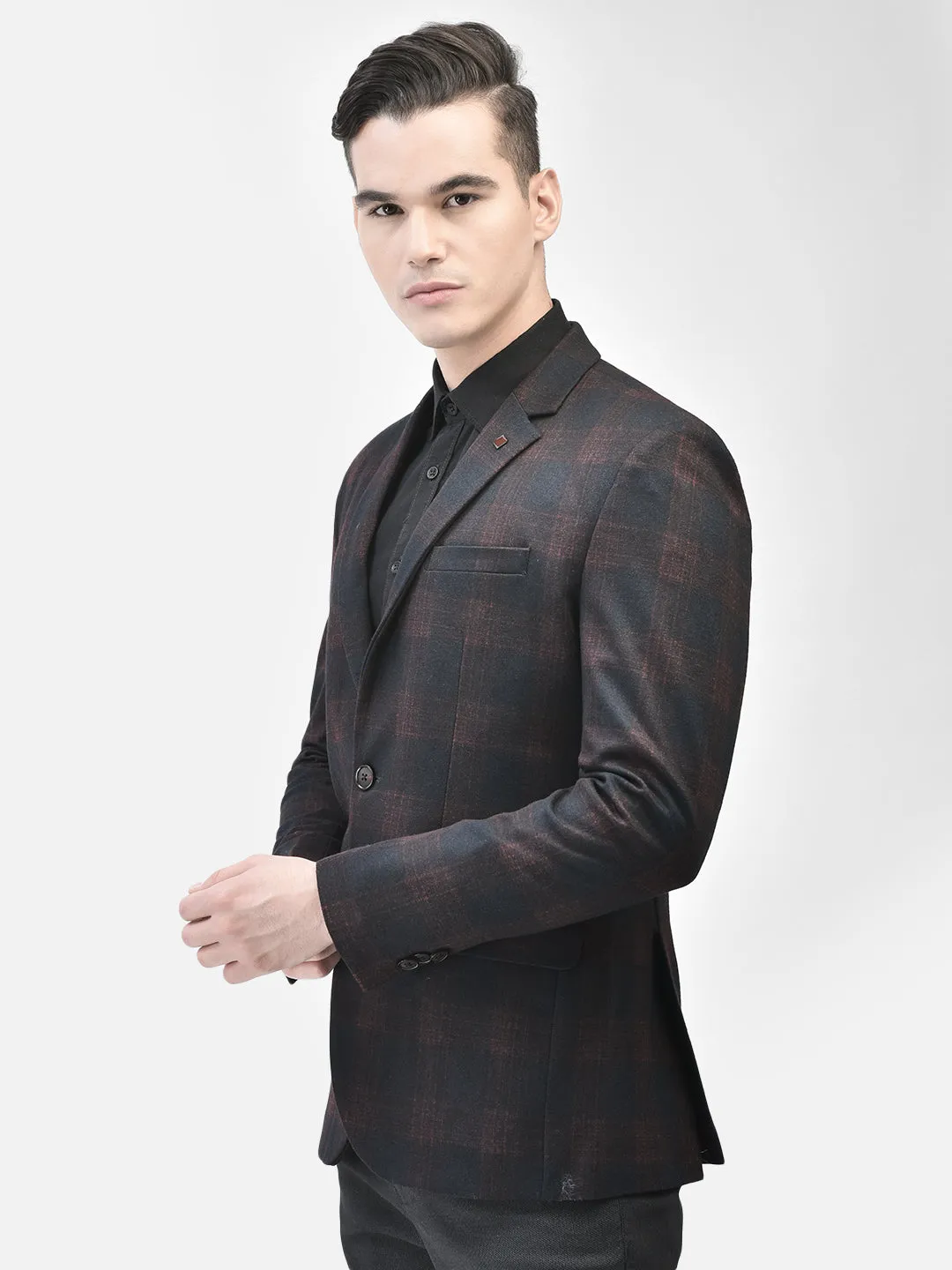 Brown Checked Single Breasted Blazer