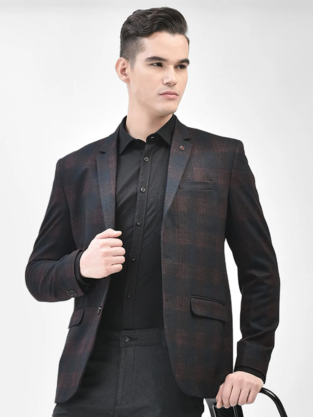 Brown Checked Single Breasted Blazer