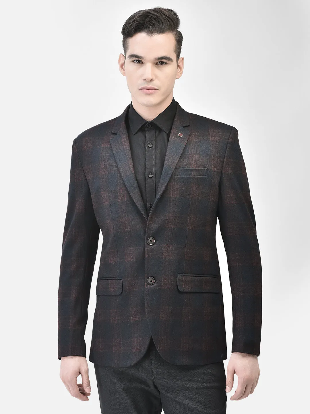 Brown Checked Single Breasted Blazer
