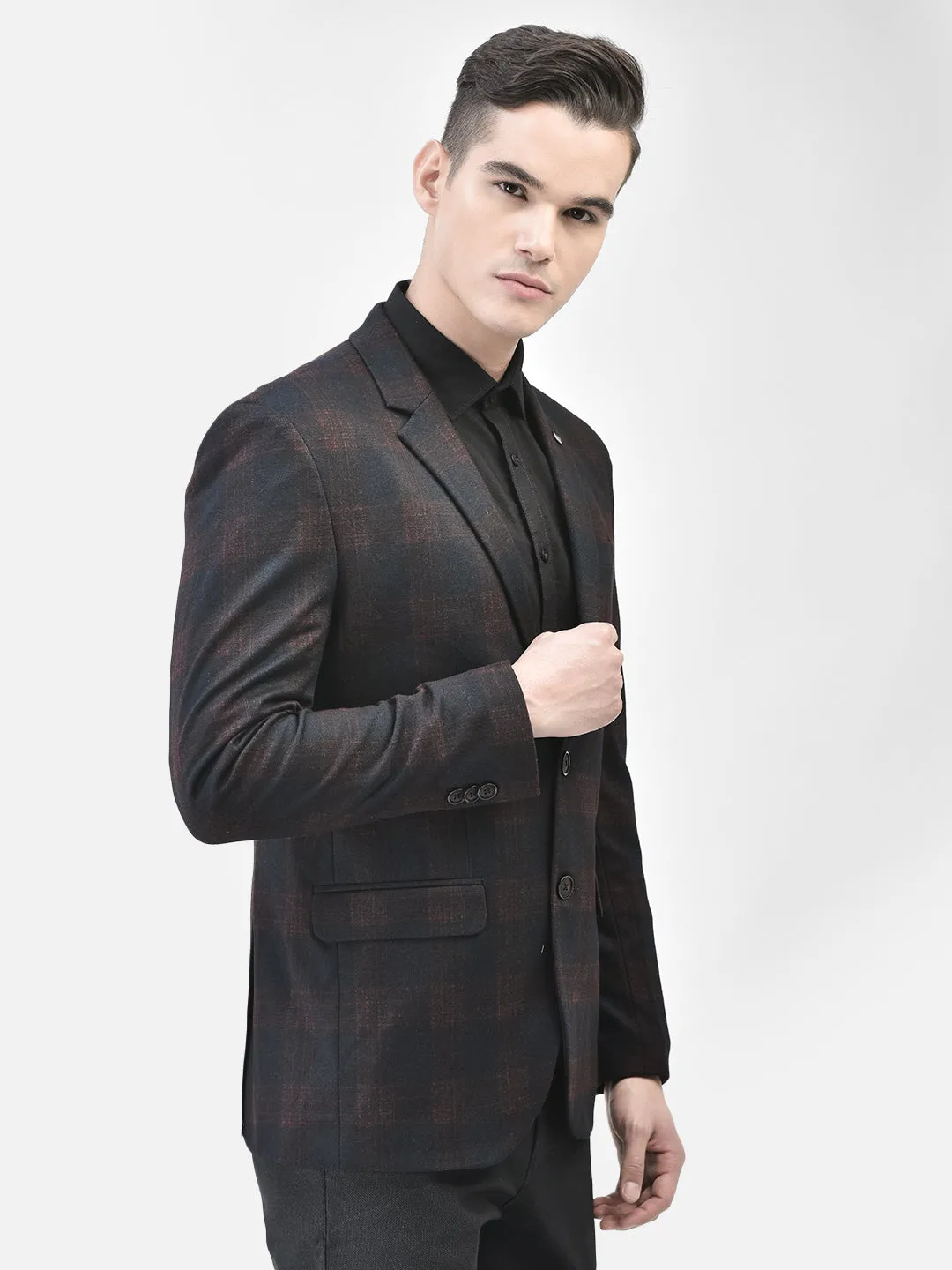 Brown Checked Single Breasted Blazer