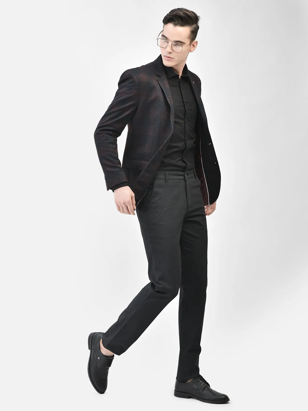 Brown Checked Single Breasted Blazer