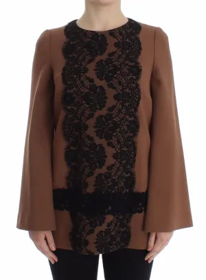 Brown Wool Black Lace Sweater Top Runway