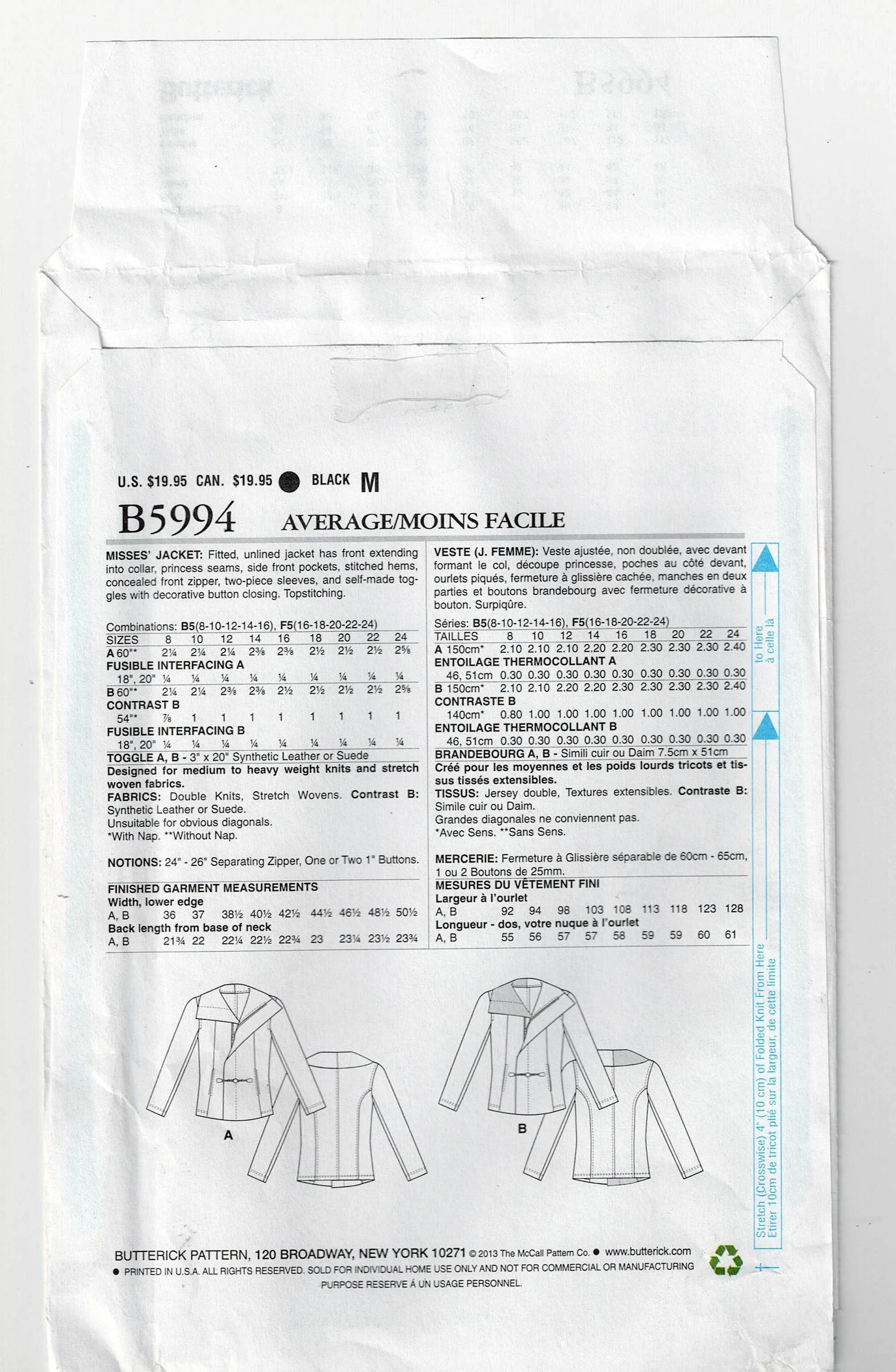 Butterick 5994 KATHERINE TILTON Womens Asymmetric Wide Collar Jackets with Pockets Out Of Print Sewing Pattern Sizes 16 - 24 UNCUT Factory Folded