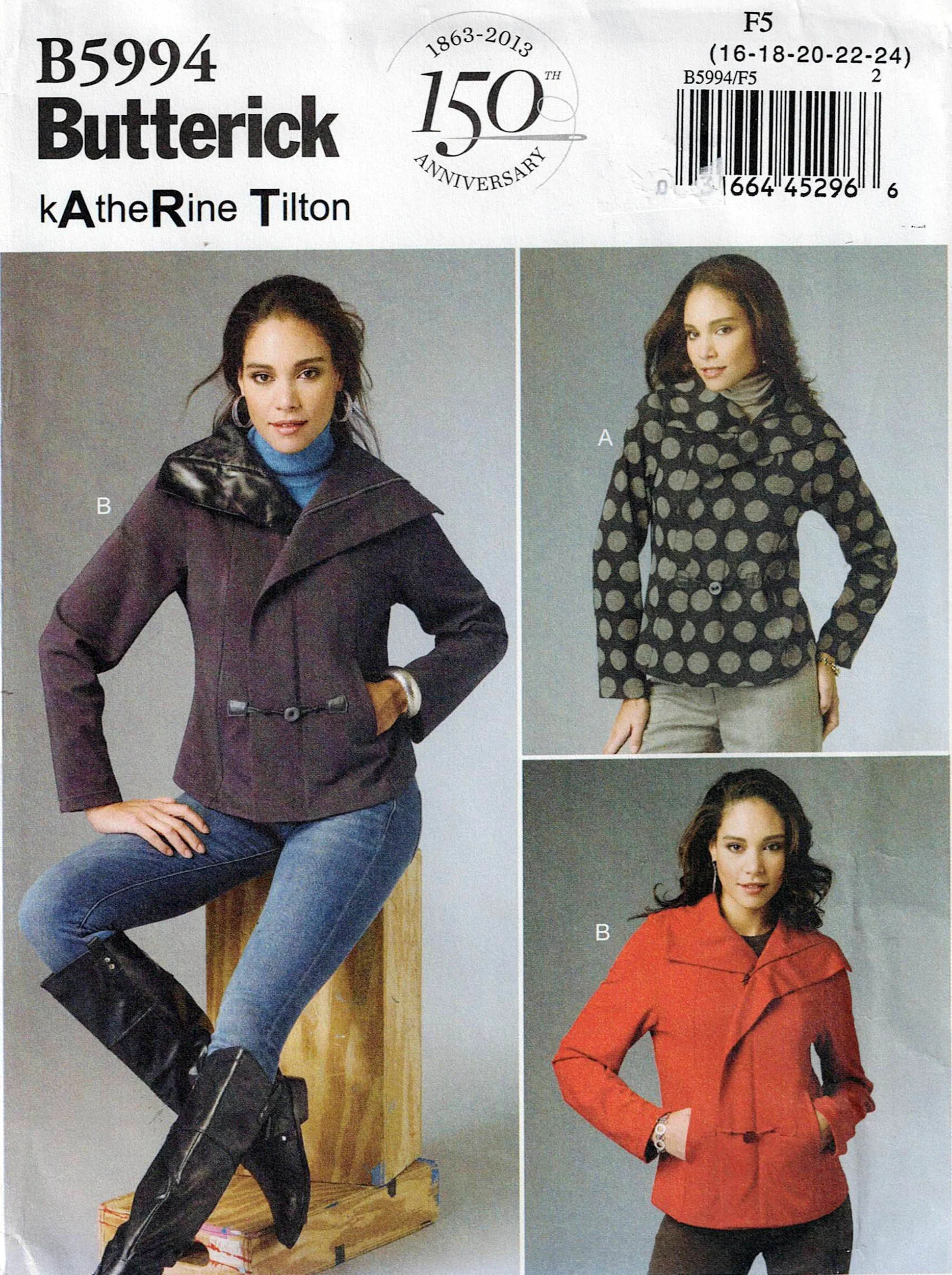 Butterick 5994 KATHERINE TILTON Womens Asymmetric Wide Collar Jackets with Pockets Out Of Print Sewing Pattern Sizes 16 - 24 UNCUT Factory Folded