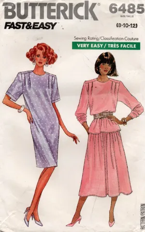 Butterick 6485 Womens EASY Tucked Shoulder Dress Top & Skirt 1980s Vintage Sewing Pattern Size 8 - 12 UNCUT Factory Folded
