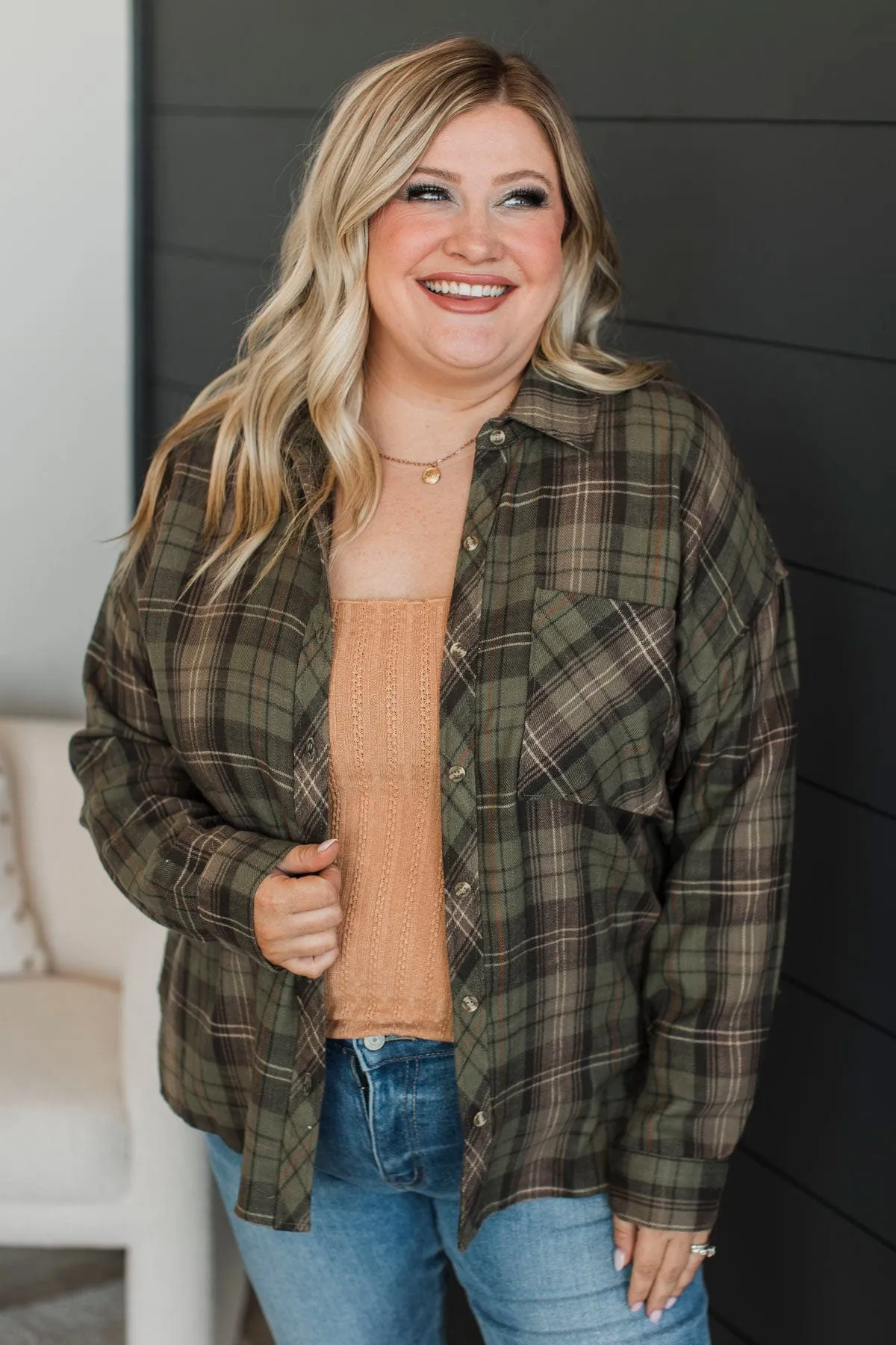 Can't Help It Plaid Button Top- Dusty Olive