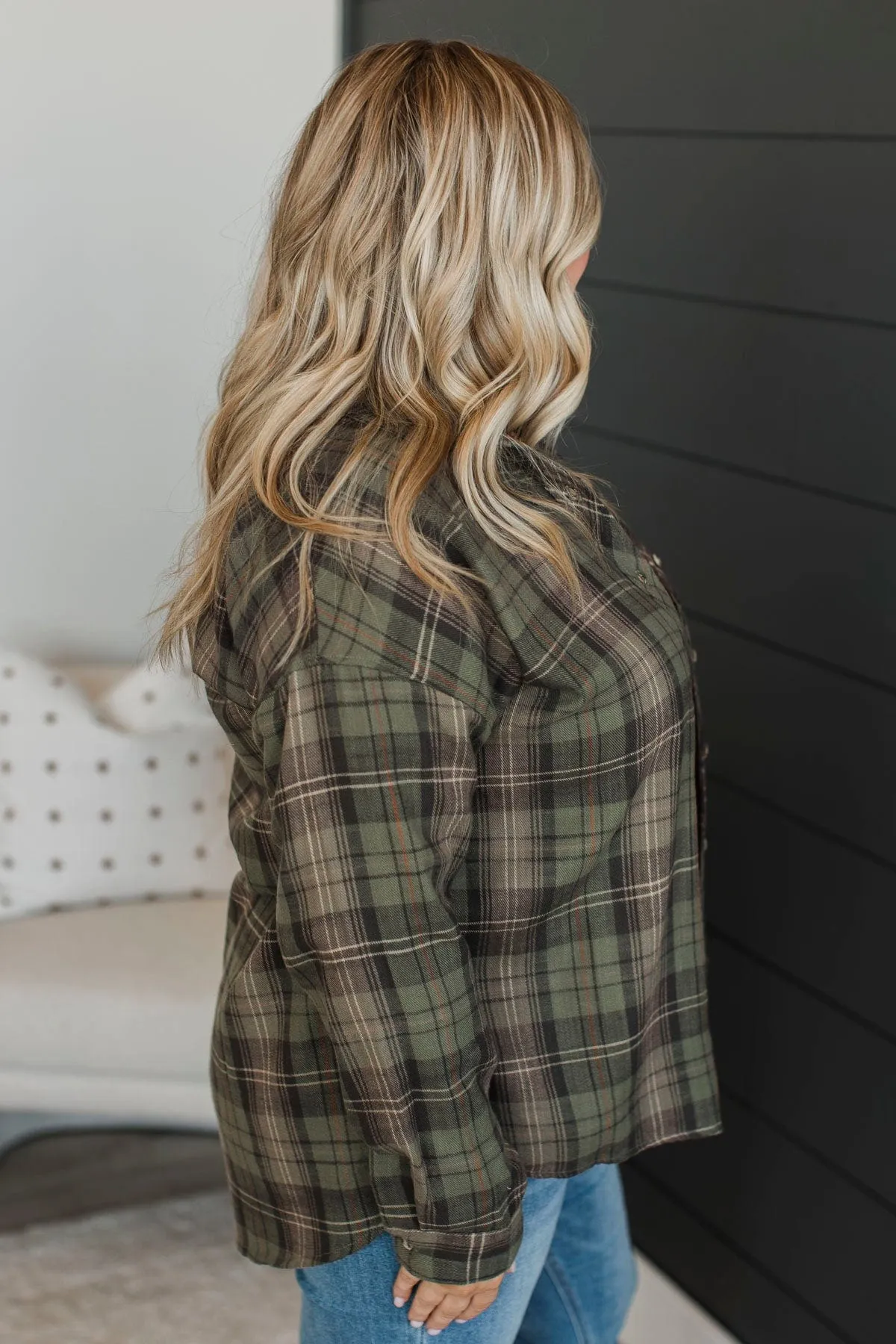 Can't Help It Plaid Button Top- Dusty Olive