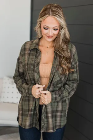 Can't Help It Plaid Button Top- Dusty Olive