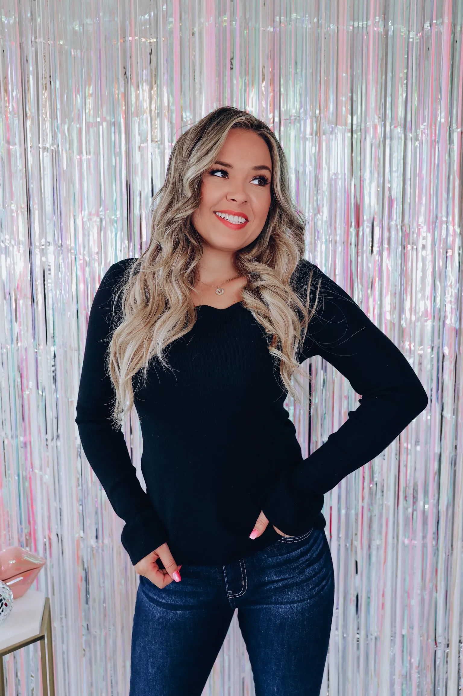 Celan Scalloped Neck Sweater - Black