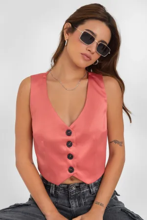 Chaleco corto satinado botones lazo espalda