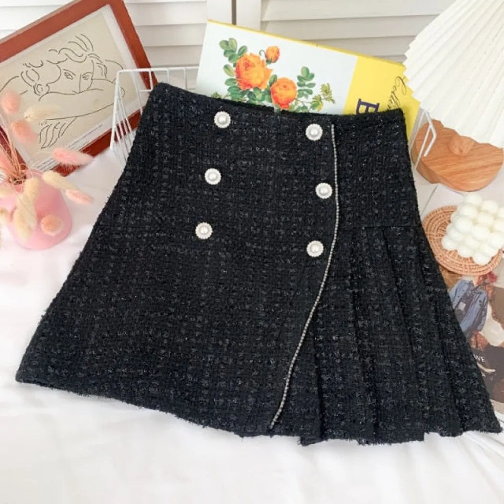 ContiNent 33 Tweed Skirts for Women Solid High Waist Slimming Skirts Autumn Spring Buttons Double Breasted Tweed Wool Mini Skirt