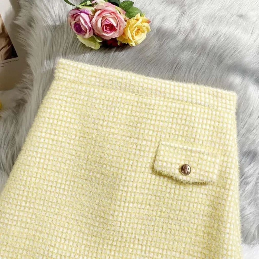 ContiNent 33 Tweed Skirts for Women Solid High Waist Slimming Skirts Autumn Spring Buttons Double Breasted Tweed Wool Mini Skirt