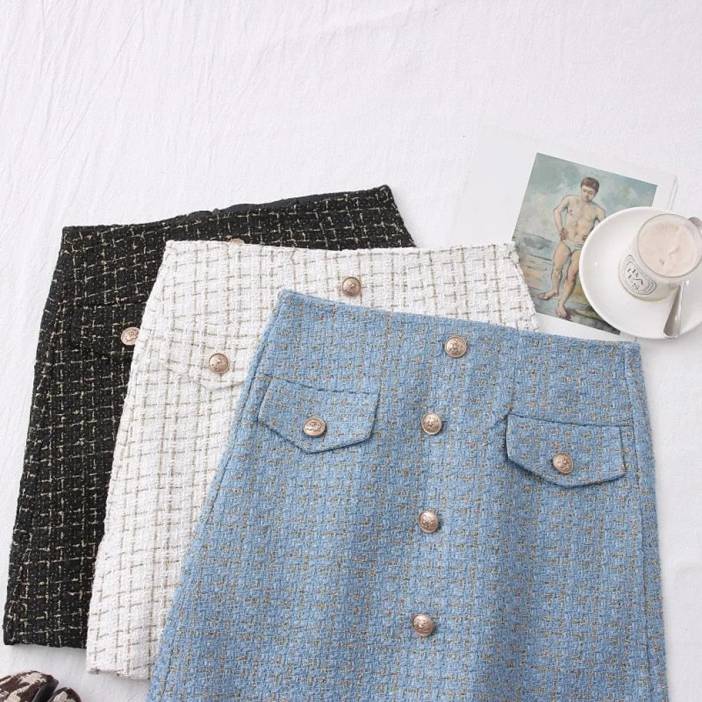 ContiNent 33 Tweed Skirts for Women Solid High Waist Slimming Skirts Autumn Spring Buttons Double Breasted Tweed Wool Mini Skirt