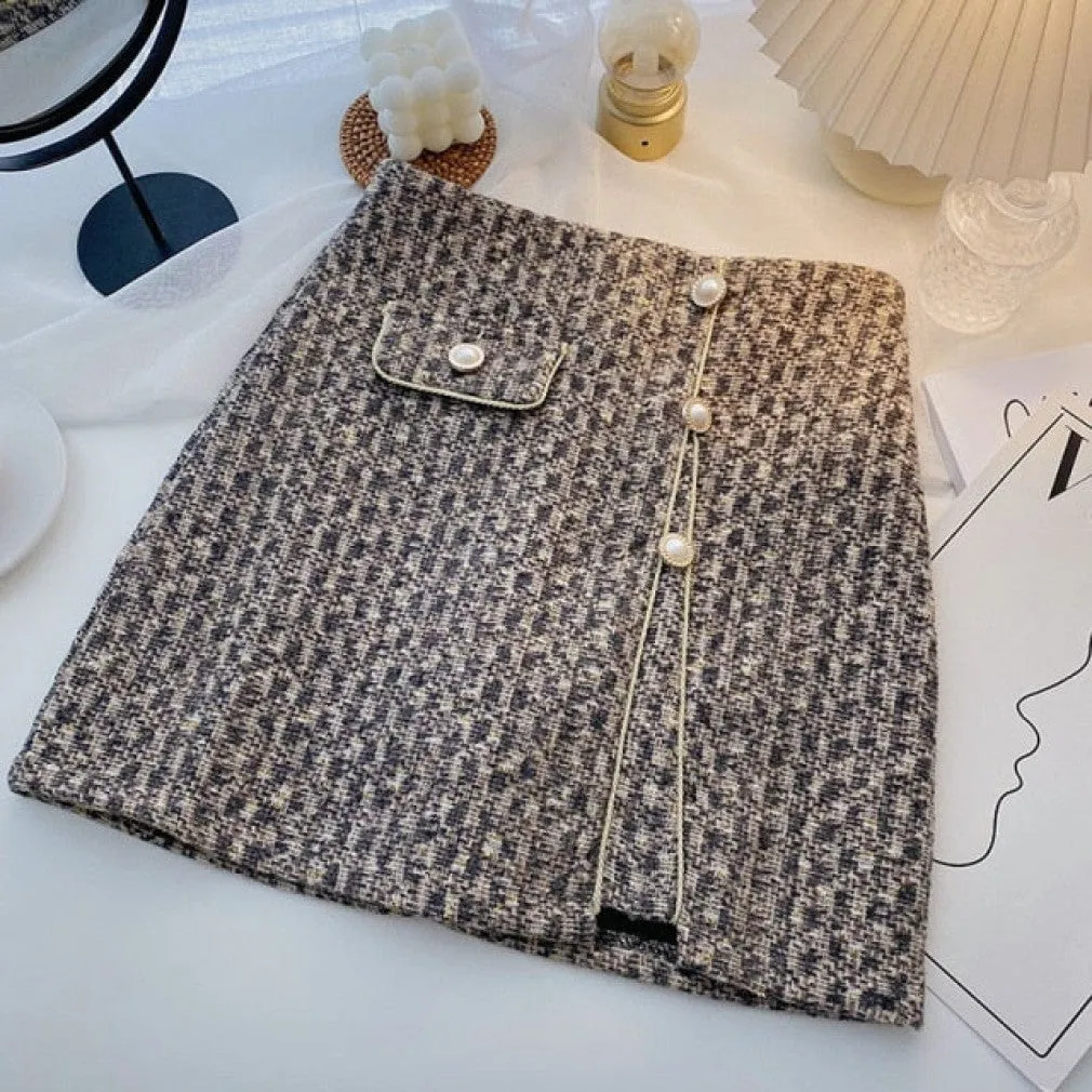 ContiNent 33 Tweed Skirts for Women Solid High Waist Slimming Skirts Autumn Spring Buttons Double Breasted Tweed Wool Mini Skirt