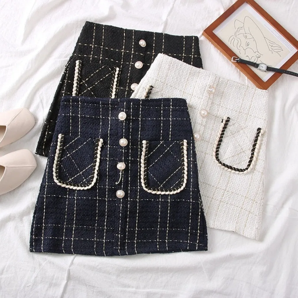 ContiNent 33 Tweed Skirts for Women Solid High Waist Slimming Skirts Autumn Spring Buttons Double Breasted Tweed Wool Mini Skirt