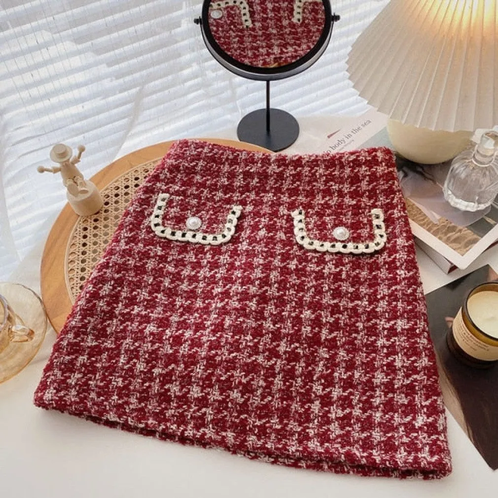 ContiNent 33 Tweed Skirts for Women Solid High Waist Slimming Skirts Autumn Spring Buttons Double Breasted Tweed Wool Mini Skirt