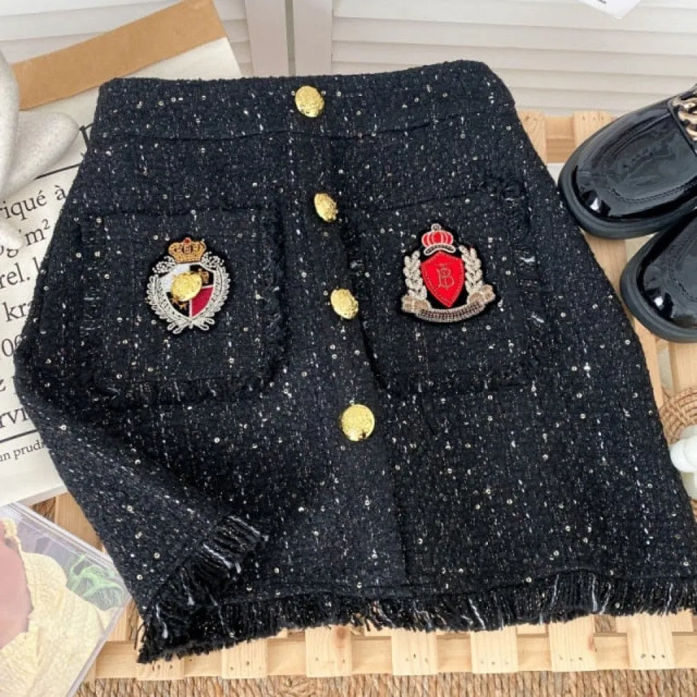 ContiNent 33 Tweed Skirts for Women Solid High Waist Slimming Skirts Autumn Spring Buttons Double Breasted Tweed Wool Mini Skirt