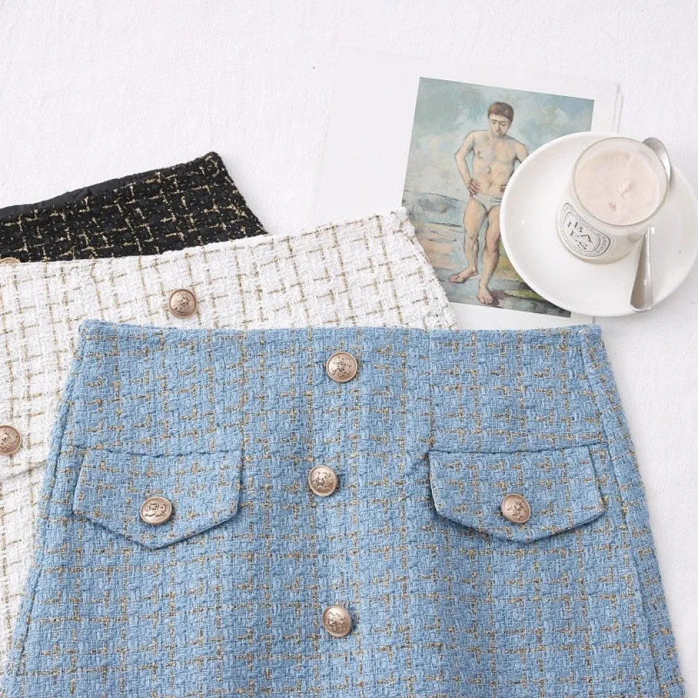 ContiNent 33 Tweed Skirts for Women Solid High Waist Slimming Skirts Autumn Spring Buttons Double Breasted Tweed Wool Mini Skirt