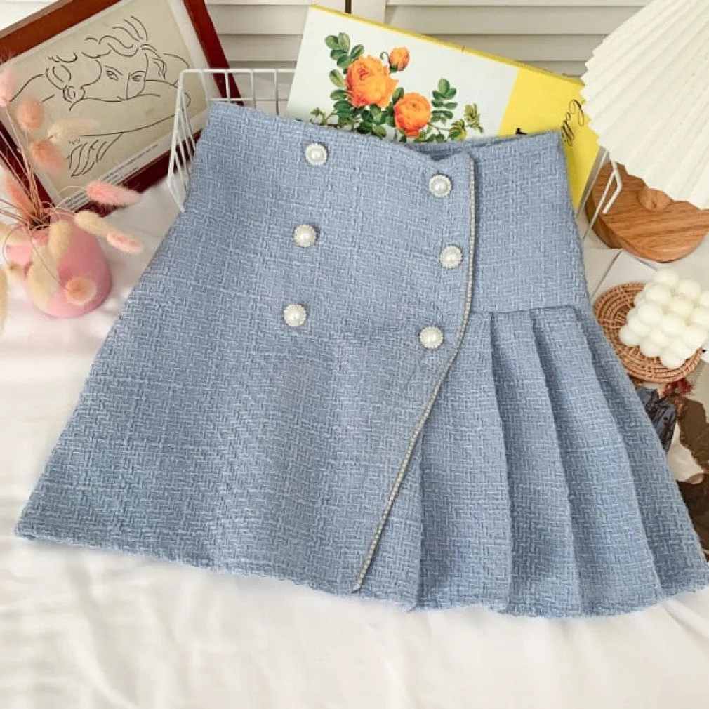 ContiNent 33 Tweed Skirts for Women Solid High Waist Slimming Skirts Autumn Spring Buttons Double Breasted Tweed Wool Mini Skirt