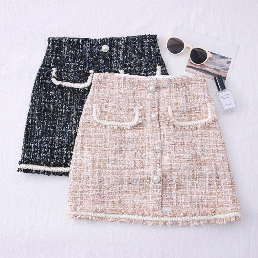 ContiNent 33 Tweed Skirts for Women Solid High Waist Slimming Skirts Autumn Spring Buttons Double Breasted Tweed Wool Mini Skirt
