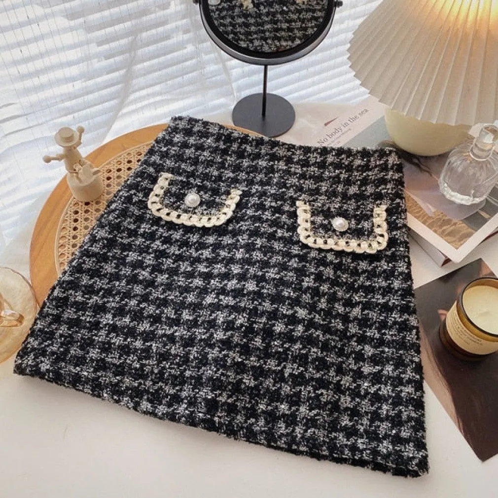 ContiNent 33 Tweed Skirts for Women Solid High Waist Slimming Skirts Autumn Spring Buttons Double Breasted Tweed Wool Mini Skirt