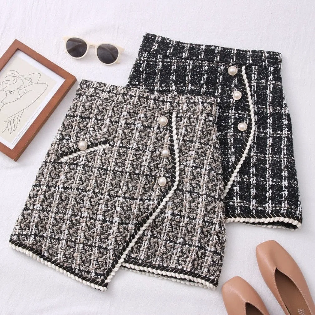 ContiNent 33 Tweed Skirts for Women Solid High Waist Slimming Skirts Autumn Spring Buttons Double Breasted Tweed Wool Mini Skirt