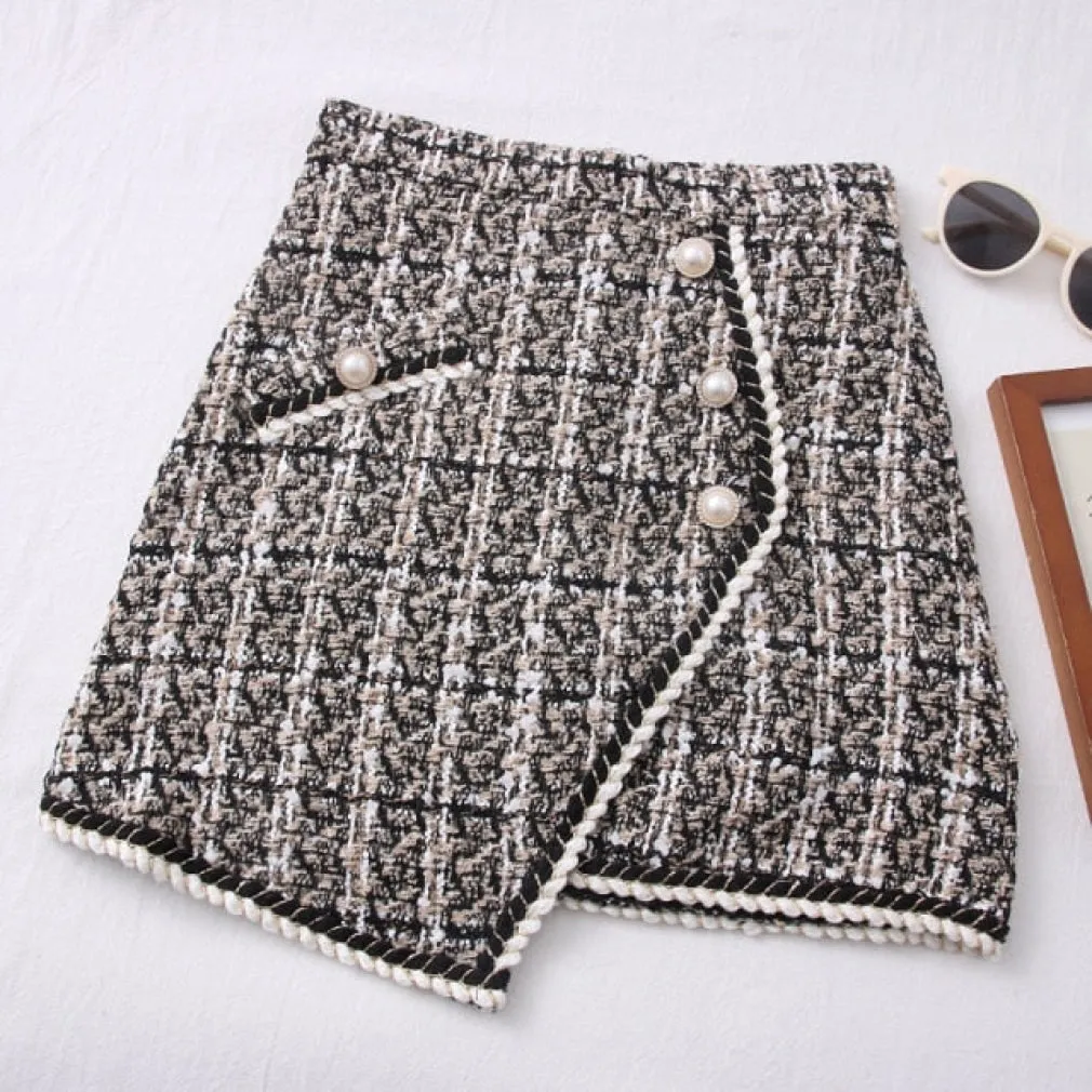 ContiNent 33 Tweed Skirts for Women Solid High Waist Slimming Skirts Autumn Spring Buttons Double Breasted Tweed Wool Mini Skirt