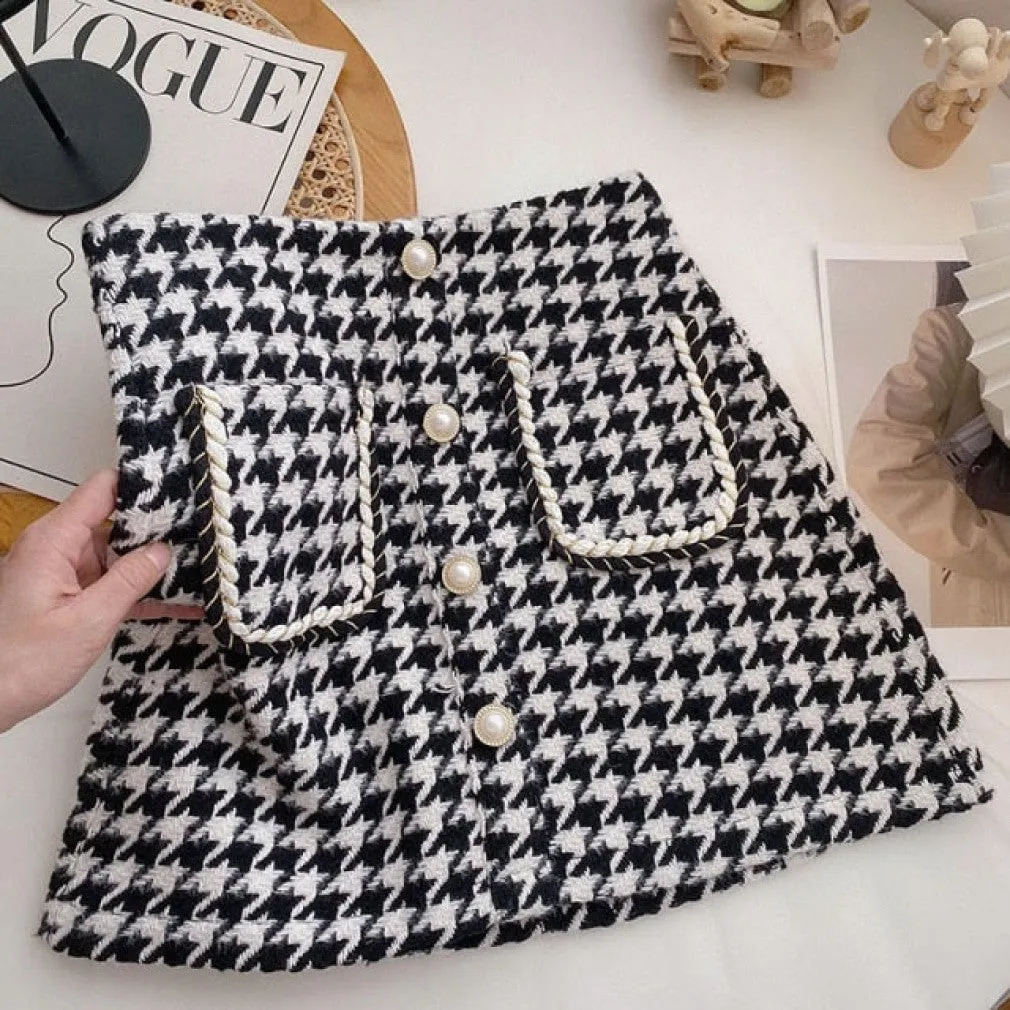 ContiNent 33 Tweed Skirts for Women Solid High Waist Slimming Skirts Autumn Spring Buttons Double Breasted Tweed Wool Mini Skirt