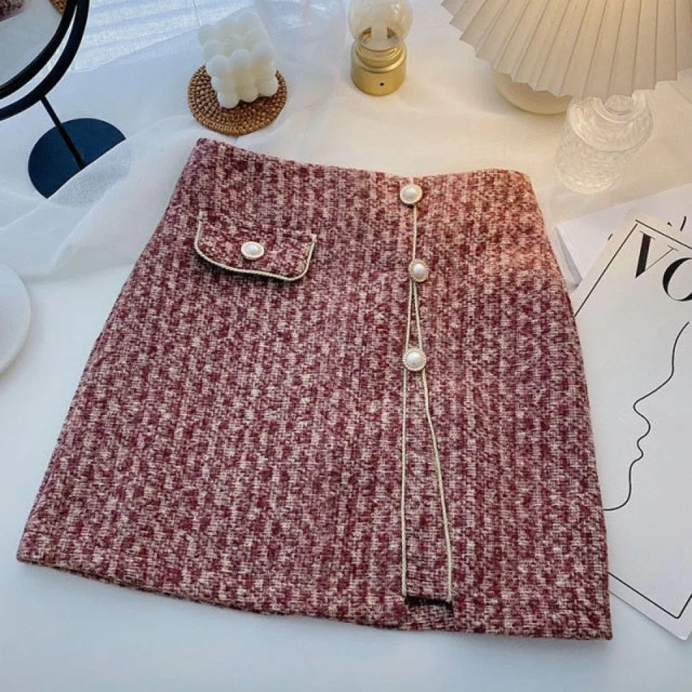 ContiNent 33 Tweed Skirts for Women Solid High Waist Slimming Skirts Autumn Spring Buttons Double Breasted Tweed Wool Mini Skirt