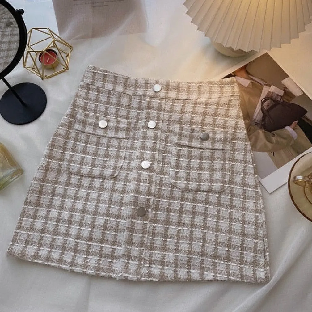ContiNent 33 Tweed Skirts for Women Solid High Waist Slimming Skirts Autumn Spring Buttons Double Breasted Tweed Wool Mini Skirt