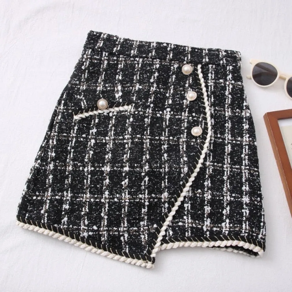 ContiNent 33 Tweed Skirts for Women Solid High Waist Slimming Skirts Autumn Spring Buttons Double Breasted Tweed Wool Mini Skirt