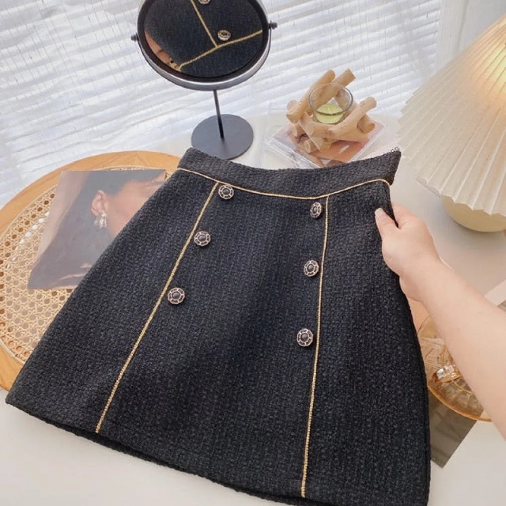 ContiNent 33 Tweed Skirts for Women Solid High Waist Slimming Skirts Autumn Spring Buttons Double Breasted Tweed Wool Mini Skirt