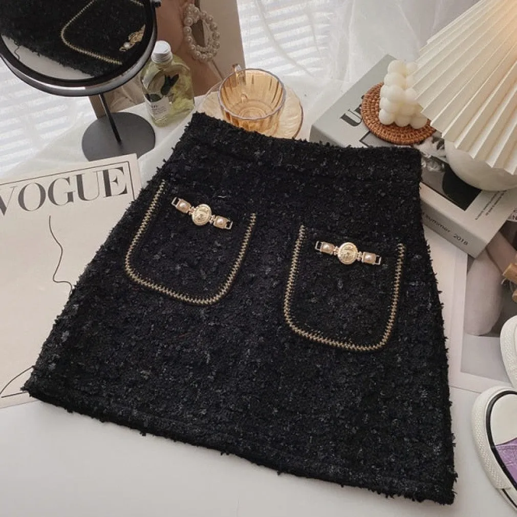 ContiNent 33 Tweed Skirts for Women Solid High Waist Slimming Skirts Autumn Spring Buttons Double Breasted Tweed Wool Mini Skirt