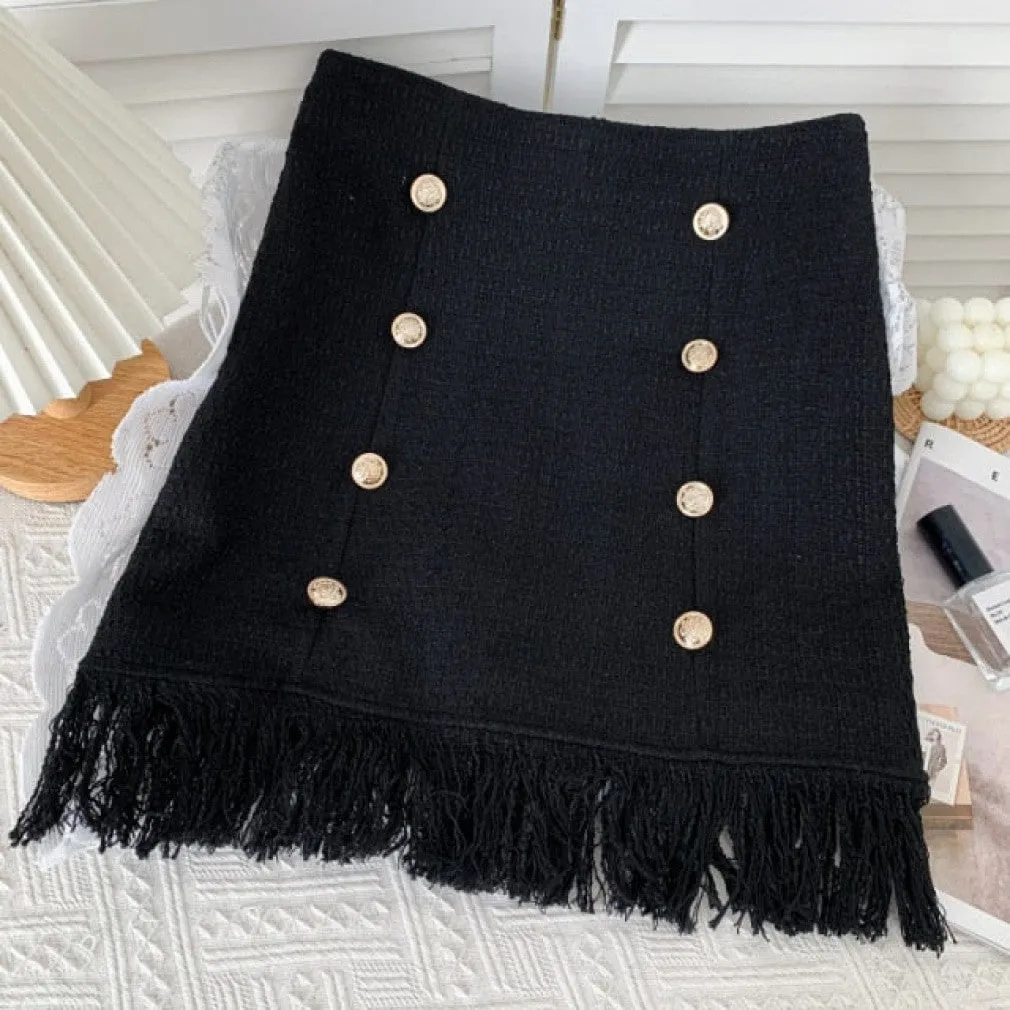 ContiNent 33 Tweed Skirts for Women Solid High Waist Slimming Skirts Autumn Spring Buttons Double Breasted Tweed Wool Mini Skirt