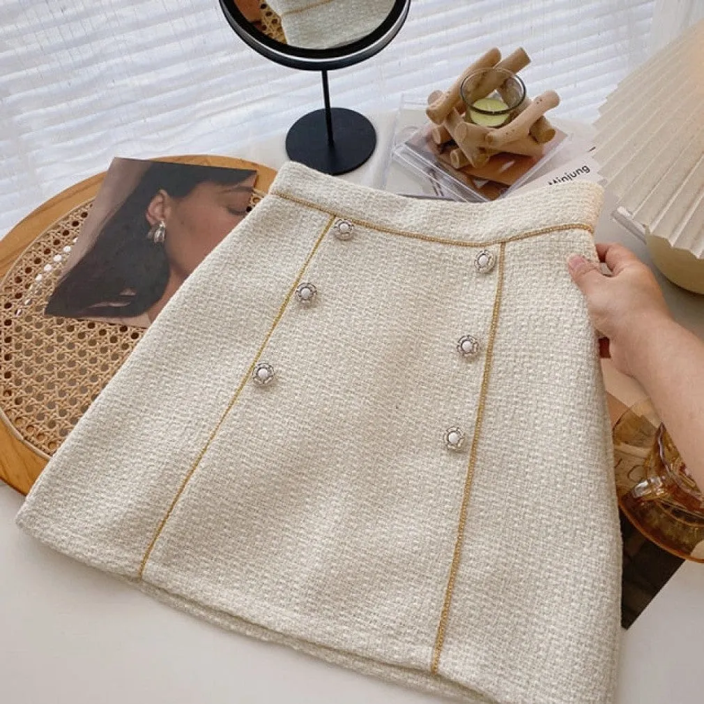 ContiNent 33 Tweed Skirts for Women Solid High Waist Slimming Skirts Autumn Spring Buttons Double Breasted Tweed Wool Mini Skirt