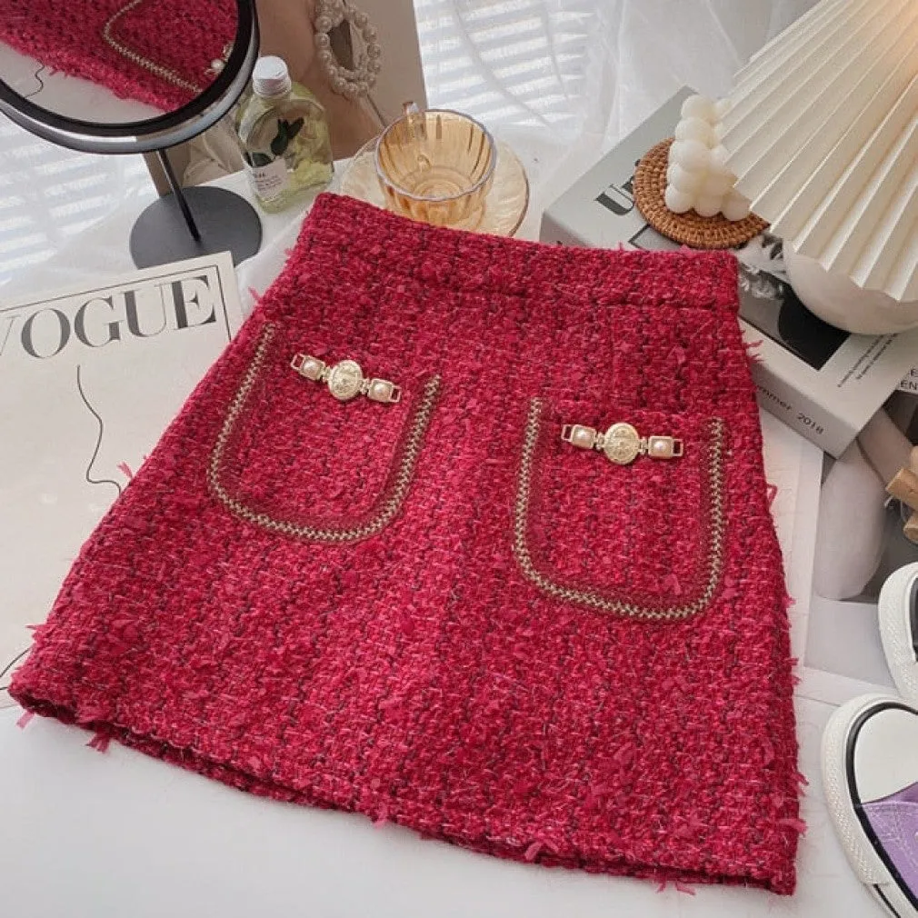 ContiNent 33 Tweed Skirts for Women Solid High Waist Slimming Skirts Autumn Spring Buttons Double Breasted Tweed Wool Mini Skirt
