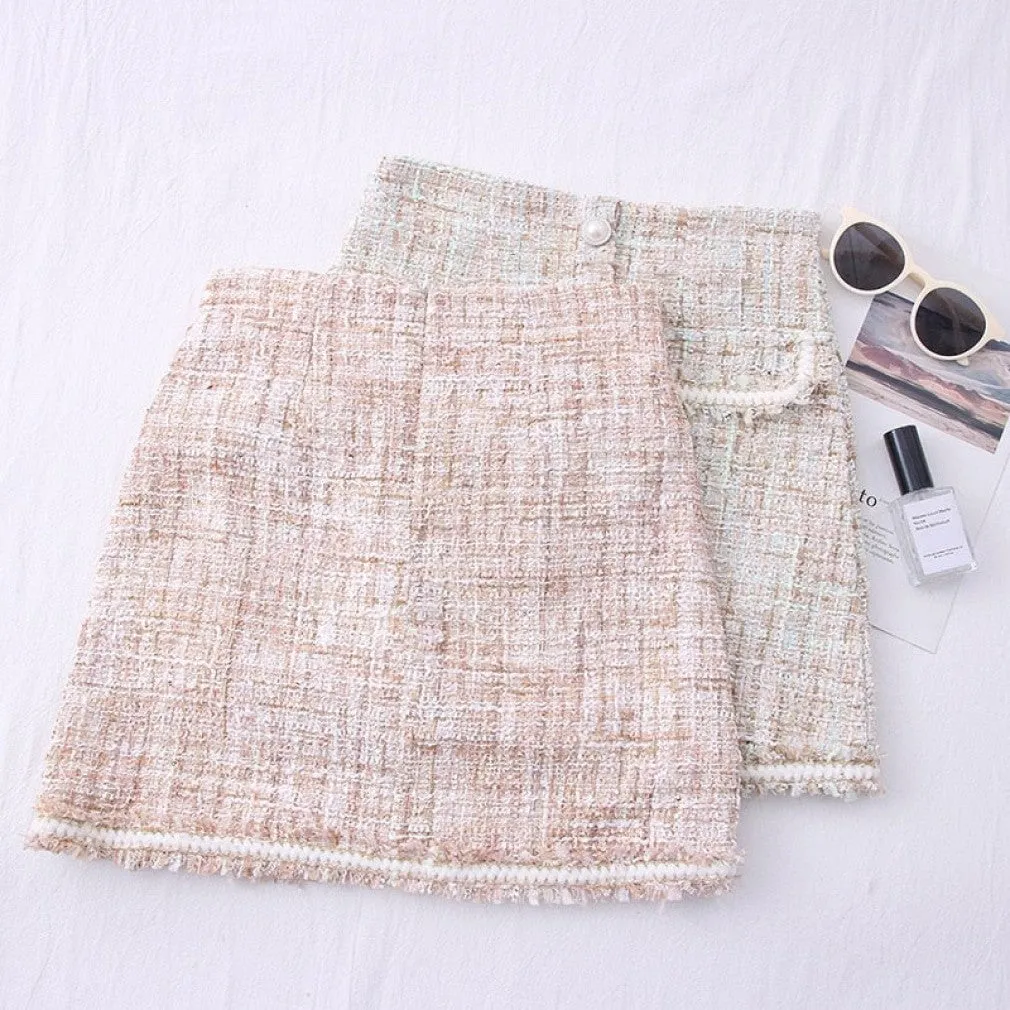 ContiNent 33 Tweed Skirts for Women Solid High Waist Slimming Skirts Autumn Spring Buttons Double Breasted Tweed Wool Mini Skirt