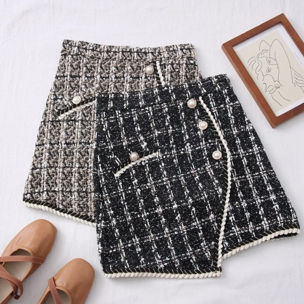 ContiNent 33 Tweed Skirts for Women Solid High Waist Slimming Skirts Autumn Spring Buttons Double Breasted Tweed Wool Mini Skirt