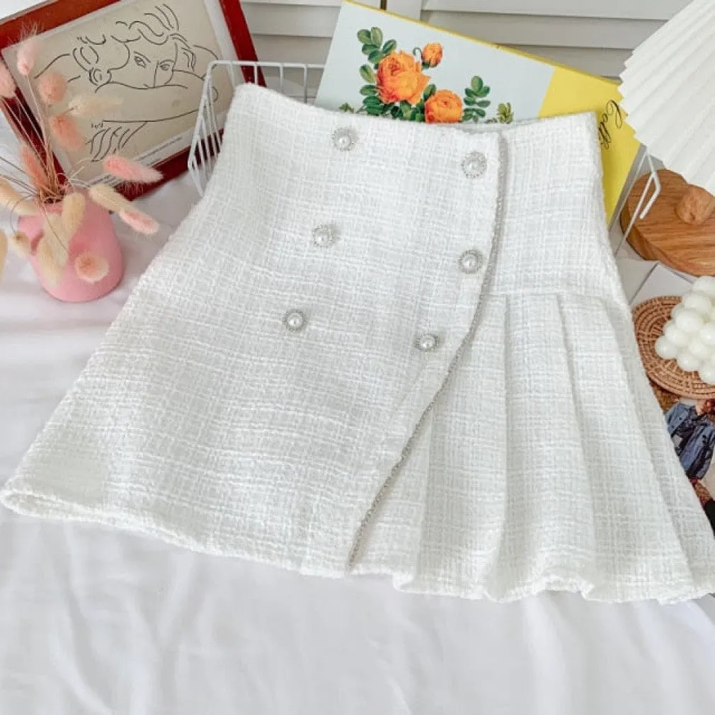 ContiNent 33 Tweed Skirts for Women Solid High Waist Slimming Skirts Autumn Spring Buttons Double Breasted Tweed Wool Mini Skirt