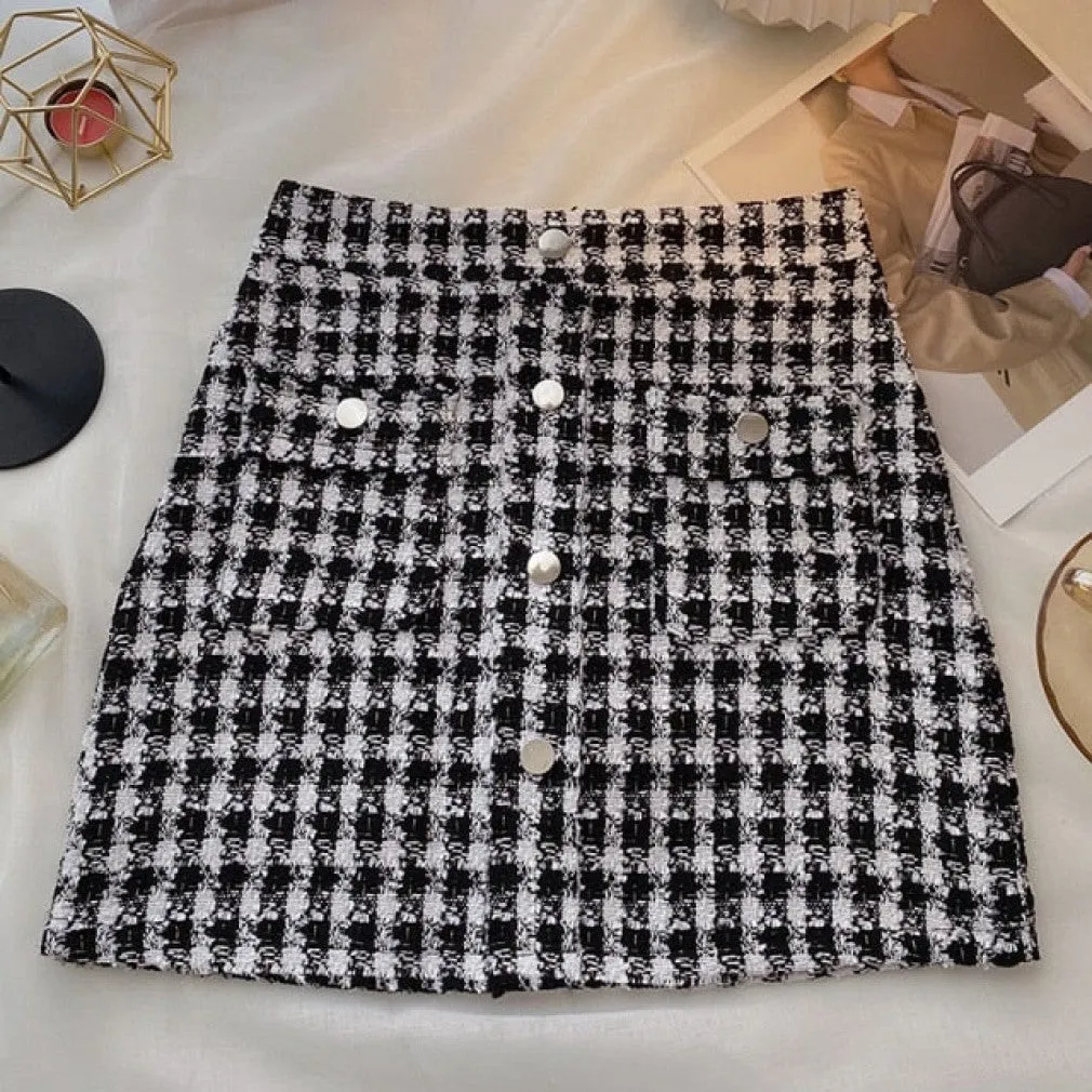 ContiNent 33 Tweed Skirts for Women Solid High Waist Slimming Skirts Autumn Spring Buttons Double Breasted Tweed Wool Mini Skirt