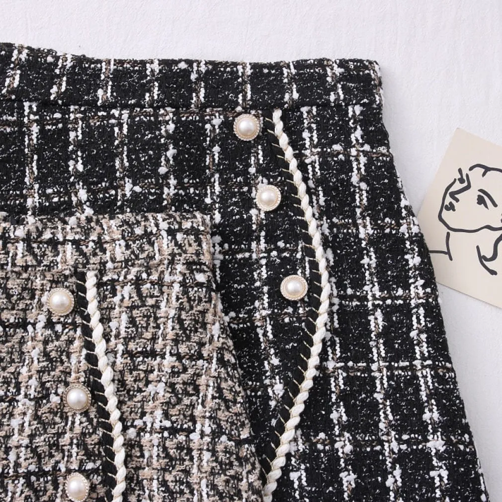 ContiNent 33 Tweed Skirts for Women Solid High Waist Slimming Skirts Autumn Spring Buttons Double Breasted Tweed Wool Mini Skirt