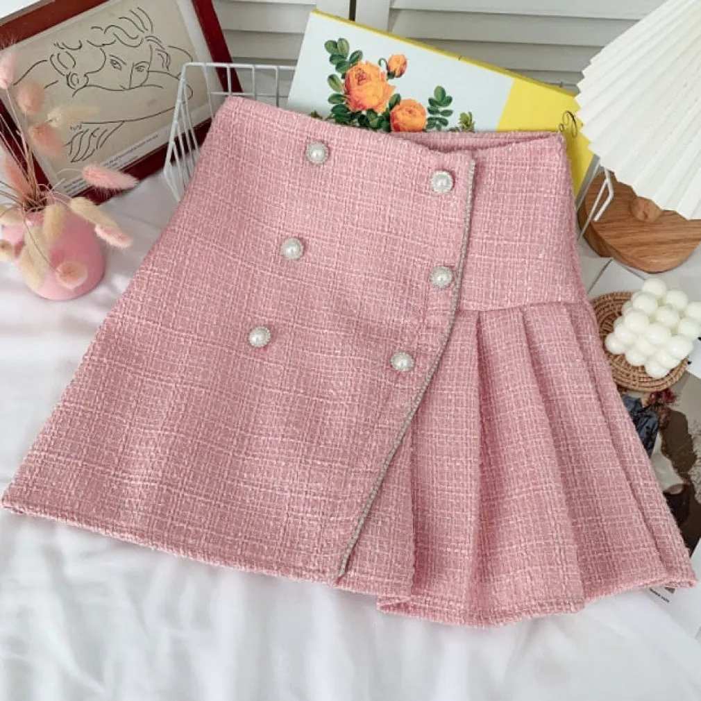 ContiNent 33 Tweed Skirts for Women Solid High Waist Slimming Skirts Autumn Spring Buttons Double Breasted Tweed Wool Mini Skirt