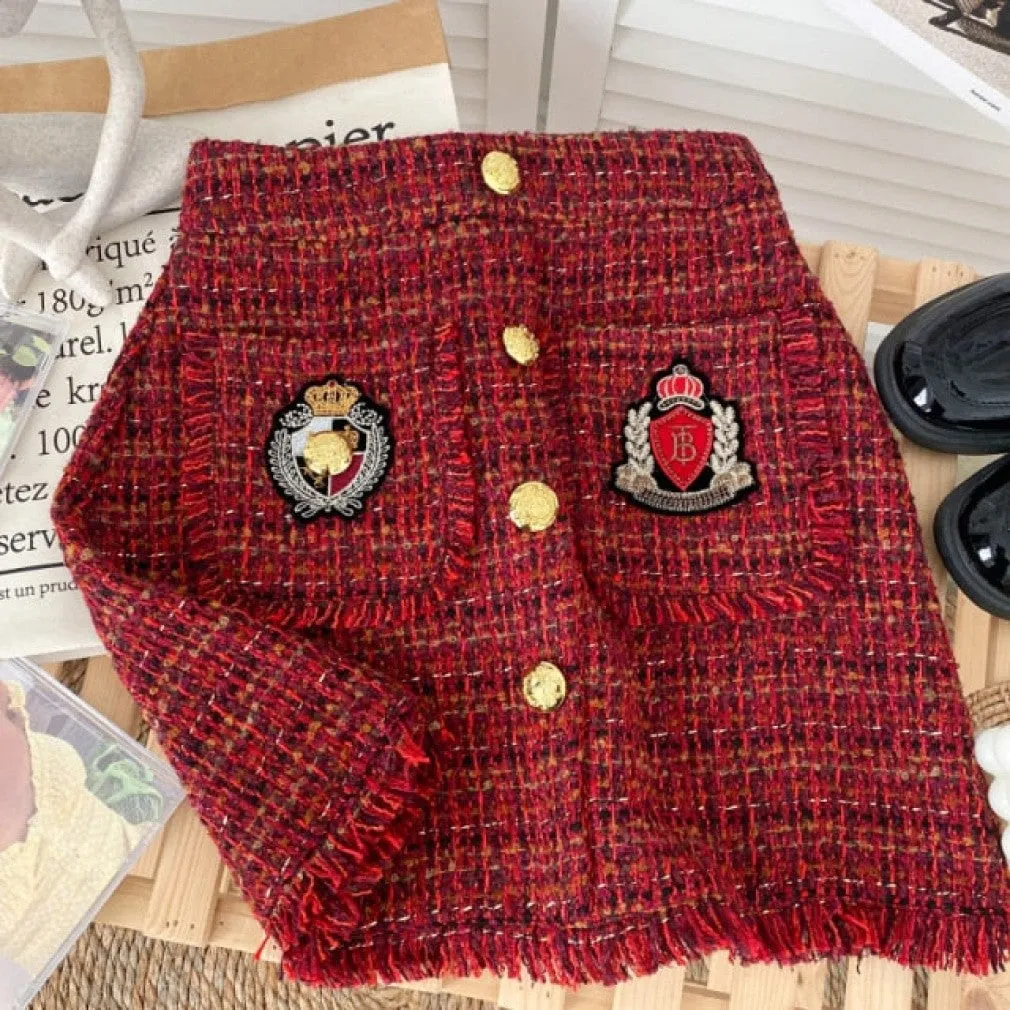 ContiNent 33 Tweed Skirts for Women Solid High Waist Slimming Skirts Autumn Spring Buttons Double Breasted Tweed Wool Mini Skirt