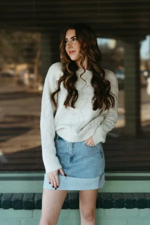 Cream Western Boots Stitch Pattern Crew Neck Sweater 36332W