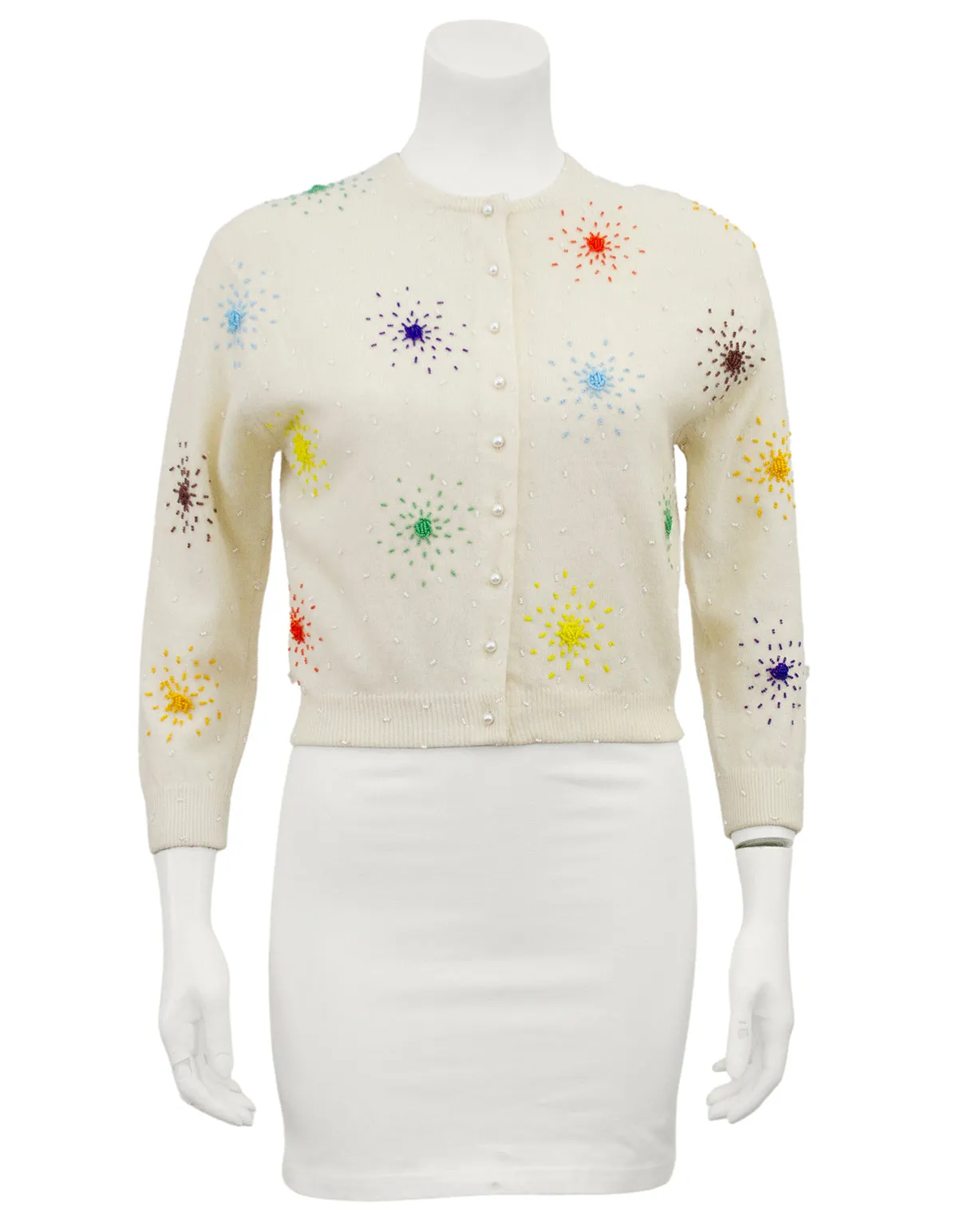 Cream Wool Colourful Beaded Cardigan