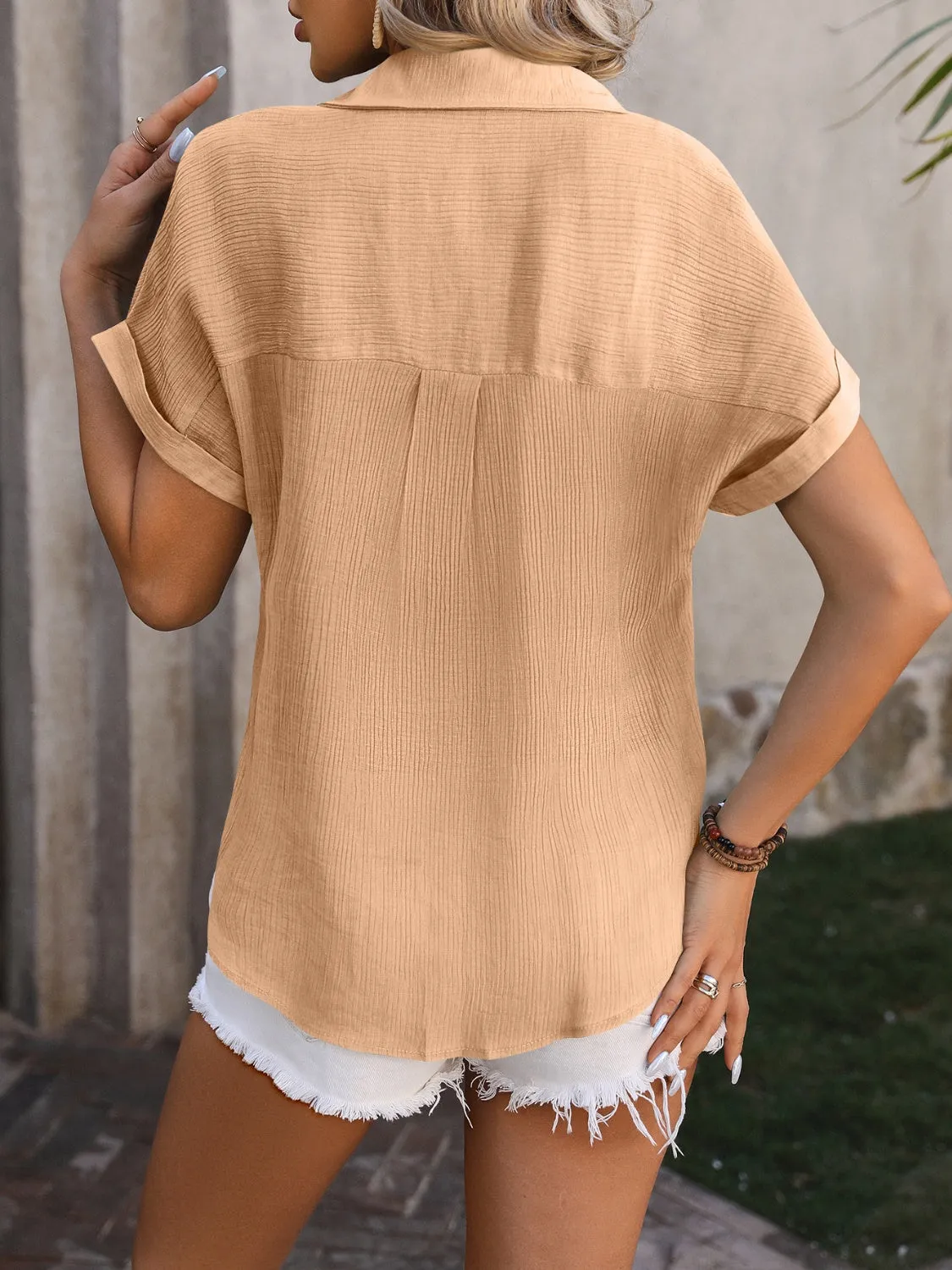 Crepe Pattern Design Button Up Short Sleeve Shirt (6 Colors)