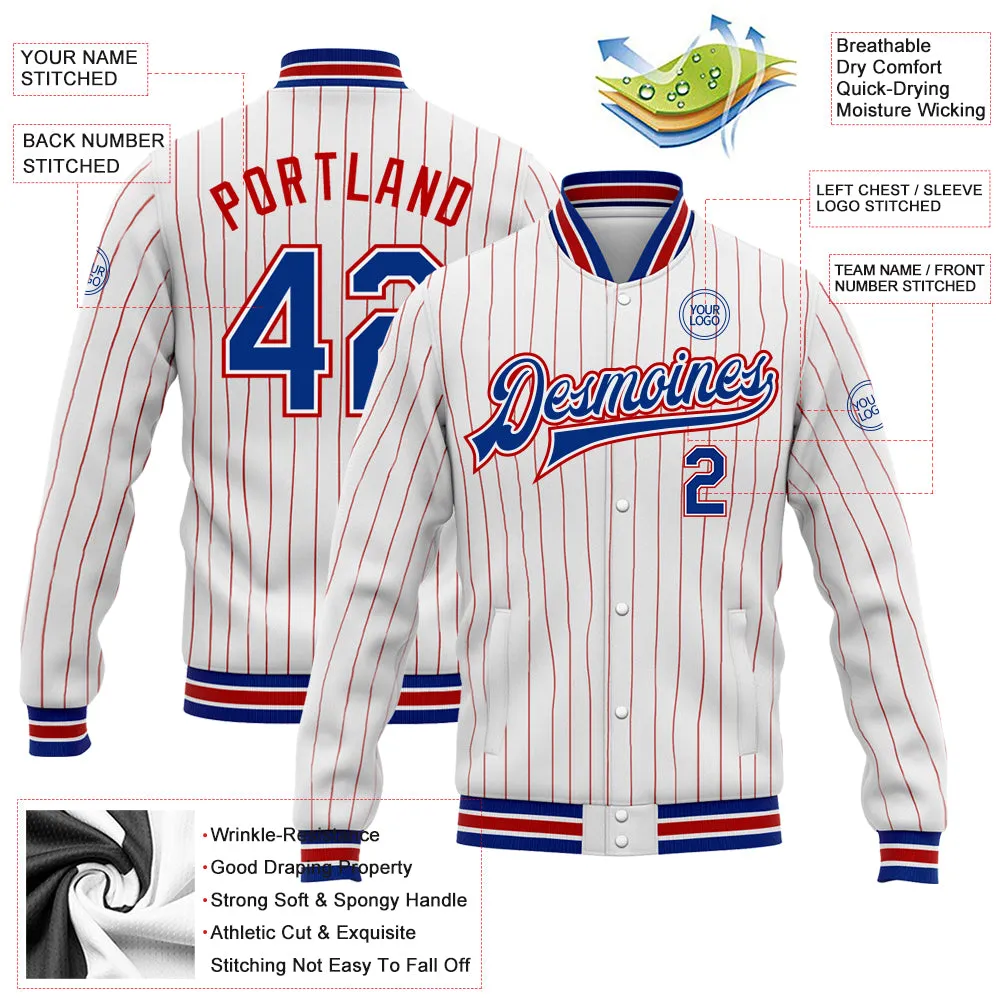 Custom White Red Pinstripe Royal Bomber Full-Snap Varsity Letterman Jacket